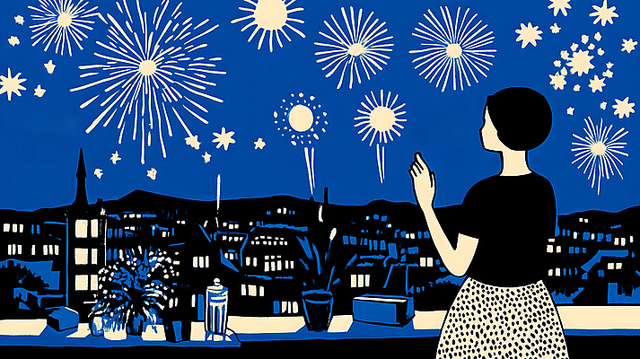 JPG 여자 야경 일러스트 불꽃 불꽃놀이 한명 성인 라이프 파란색 발코니 도시 성인여자한명만 국내일러스트 AI일러스트 AI콘텐츠 1 컬러 놀이 불 사람 생활 야간 여자한명만 성인여자만 파일형식 풍경_경치