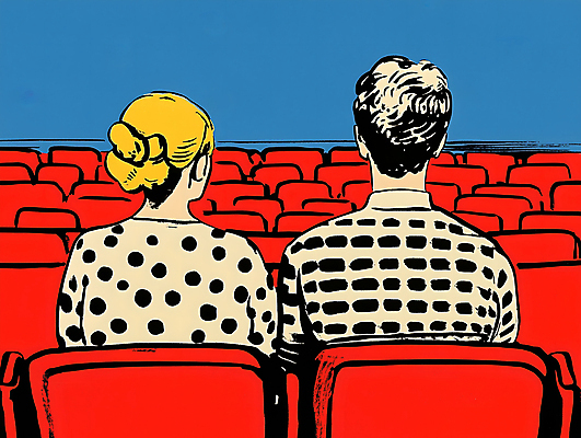 JPG 커플 여자 남자 의자 데이트 일러스트 상반신 성인 두명 라이프 영화관 성인만 국내일러스트 AI일러스트 AI콘텐츠 가구 관계 사람 생활 극장 파일형식