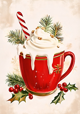 JPG 열매 크리스마스 일러스트 나뭇잎 수채화 빨대 사람없음 컵 빨간색 빈티지 크림 솔잎 국내일러스트 AI일러스트 AI콘텐츠 카드프레임 식물 식기 기념일 컬러 컨셉 잎 프레임 파일형식