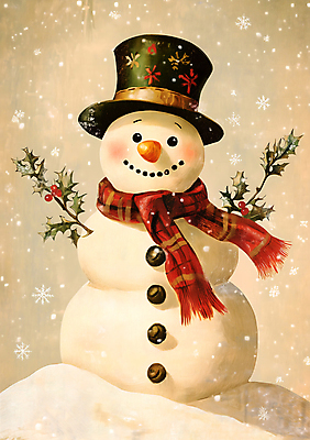 JPG 모자 크리스마스 일러스트 눈사람 수채화 사람없음 목도리 눈 빈티지 국내일러스트 AI일러스트 AI콘텐츠 카드프레임 자연요소 잡화 기념일 컨셉 날씨 프레임 파일형식