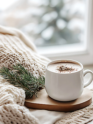 JPG 편집이미지 겨울 창문 사람없음 컵 초콜릿 눈 천 받침대 솔잎 코코아 편집실사 AI포토 AI콘텐츠 자연요소 식기 계절 음료 잎 날씨 디저트 직물 CG 파일형식