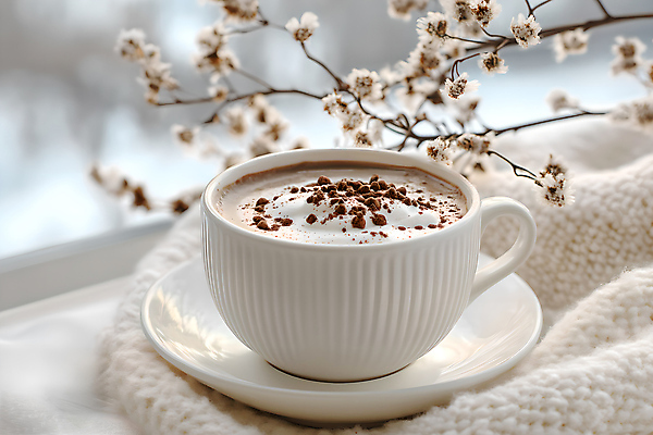 JPG 편집이미지 꽃 겨울 창문 사람없음 컵 초콜릿 흰색 나뭇가지 눈 천 코코아 편집실사 AI포토 AI콘텐츠 자연요소 나무 식물 식기 계절 음료 컬러 날씨 디저트 직물 CG 파일형식