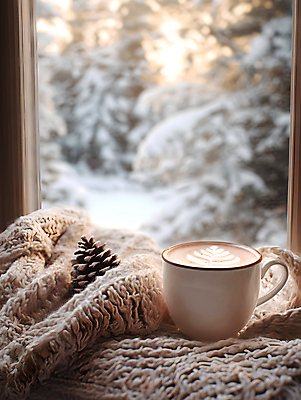 JPG 편집이미지 겨울 창문 사람없음 컵 초콜릿 눈 천 솔방울 코코아 편집실사 AI포토 AI콘텐츠 자연요소 식기 계절 음료 날씨 디저트 직물 CG 파일형식
