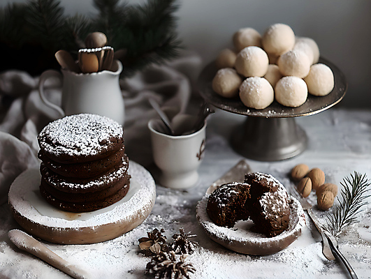 JPG 편집이미지 행복 크리스마스 겨울 사람없음 컵 쿠키 호두 솔방울 솔잎 브라우니 슈가파우더 핸드메이드 케이크스탠드 편집실사 AI포토 AI콘텐츠 식기 계절 기념일 감정 잎 디저트 견과류 받침대 CG 파일형식