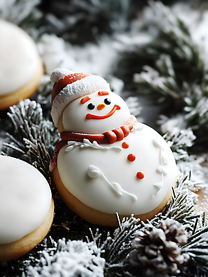 JPG 편집이미지 행복 크리스마스 겨울 눈사람 사람없음 쿠키 과자 솔방울 솔잎 핸드메이드 아이싱 편집실사 AI포토 AI콘텐츠 계절 기념일 감정 잎 디저트 크림 CG 파일형식