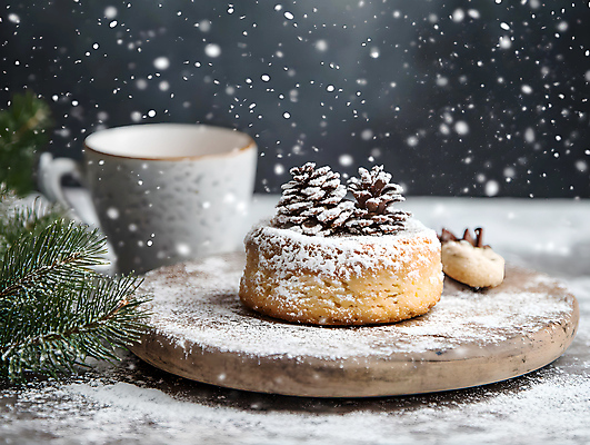 JPG 편집이미지 행복 크리스마스 겨울 사람없음 컵 쿠키 과자 솔방울 솔잎 슈가파우더 핸드메이드 편집실사 AI포토 AI콘텐츠 식기 계절 기념일 감정 잎 디저트 CG 파일형식