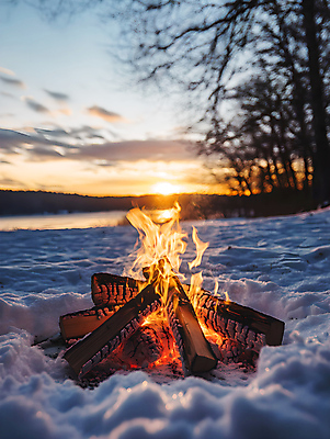 JPG 편집이미지 겨울 풍경 사람없음 야외 일몰 캠핑 눈 모닥불 겨울풍경 편집실사 AI포토 AI콘텐츠 자연요소 계절 불 레저 날씨 노을 CG 파일형식