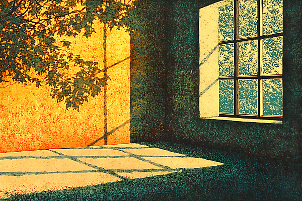 JPG 벽 일러스트 창문 나뭇잎 주택 그림자 사람없음 햇빛 노란색 풀잎 분위기 그늘 국내일러스트 AI일러스트 AI콘텐츠 컬러 컨셉 잎 건물 태양 풀_식물 파일형식