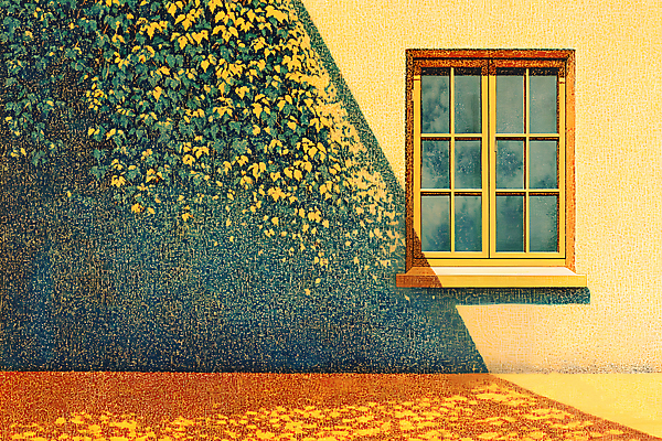 JPG 벽 일러스트 창문 나뭇잎 주택 그림자 사람없음 햇빛 노란색 풀잎 분위기 그늘 국내일러스트 AI일러스트 AI콘텐츠 컬러 컨셉 잎 건물 태양 풀_식물 파일형식