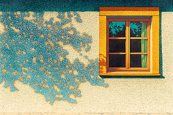 JPG 벽 일러스트 창문 나뭇잎 주택 그림자 사람없음 햇빛 노란색 풀잎 분위기 그늘 국내일러스트 AI일러스트 AI콘텐츠 컬러 컨셉 잎 건물 태양 풀_식물 파일형식