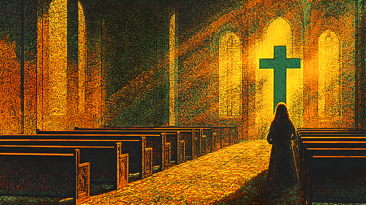 JPG 전신 여자 실루엣 십자가 의자 일러스트 한명 성인 성당 교회 주황색 기도 성인여자한명만 국내일러스트 AI일러스트 AI콘텐츠 1 컬러 가구 종교건축 촬영기법 사람 건물 여자한명만 성인여자만 파일형식