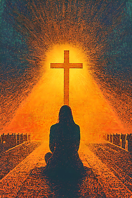 JPG 여자 실루엣 십자가 의자 일러스트 한명 성인 성당 교회 주황색 기도 성인여자한명만 국내일러스트 AI일러스트 AI콘텐츠 1 컬러 가구 종교건축 촬영기법 사람 건물 여자한명만 성인여자만 파일형식