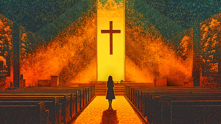 JPG 전신 여자 실루엣 십자가 의자 일러스트 한명 성인 성당 교회 주황색 기도 성인여자한명만 국내일러스트 AI일러스트 AI콘텐츠 1 컬러 가구 종교건축 촬영기법 사람 건물 여자한명만 성인여자만 파일형식