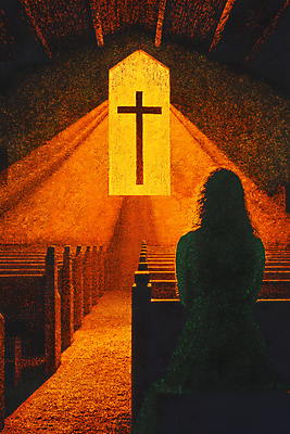 JPG 여자 실루엣 십자가 의자 일러스트 한명 성인 성당 교회 주황색 기도 성인여자한명만 국내일러스트 AI일러스트 AI콘텐츠 1 컬러 가구 종교건축 촬영기법 사람 건물 여자한명만 성인여자만 파일형식