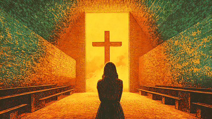 JPG 여자 실루엣 십자가 의자 일러스트 한명 성인 성당 교회 주황색 기도 성인여자한명만 국내일러스트 AI일러스트 AI콘텐츠 1 컬러 가구 종교건축 촬영기법 사람 건물 여자한명만 성인여자만 파일형식