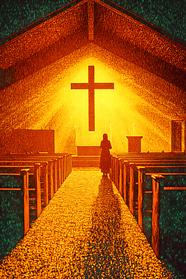 JPG 전신 여자 실루엣 십자가 의자 일러스트 한명 성인 성당 교회 주황색 기도 성인여자한명만 국내일러스트 AI일러스트 AI콘텐츠 1 컬러 가구 종교건축 촬영기법 사람 건물 여자한명만 성인여자만 파일형식