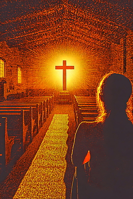 JPG 여자 실루엣 십자가 의자 일러스트 한명 성인 성당 교회 주황색 기도 성인여자한명만 국내일러스트 AI일러스트 AI콘텐츠 1 컬러 가구 종교건축 촬영기법 사람 건물 여자한명만 성인여자만 파일형식