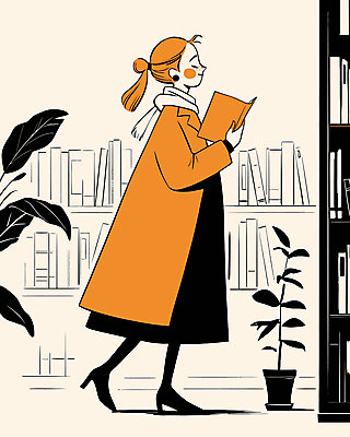 전신 여자 화분 잎 일러스트 책장 한명 들기 성인 옆모습 책 독서 코트 도서관 서점 성인여자한명만 국내일러스트 AI파일 식물 1 교육 뷰포인트 가구 모션 사람 상점 외투 여자한명만 성인여자만 파일형식 벡터