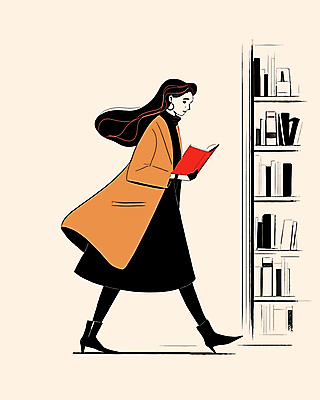 전신 여자 일러스트 책장 한명 들기 성인 옆모습 책 독서 걷기 코트 도서관 서점 성인여자한명만 국내일러스트 AI파일 1 교육 뷰포인트 가구 모션 사람 상점 외투 여자한명만 성인여자만 파일형식 벡터
