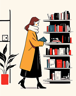 전신 식물 여자 일러스트 책장 한명 들기 성인 옆모습 책 독서 코트 도서관 서점 성인여자한명만 국내일러스트 AI파일 1 교육 뷰포인트 가구 모션 사람 상점 외투 여자한명만 성인여자만 파일형식 벡터