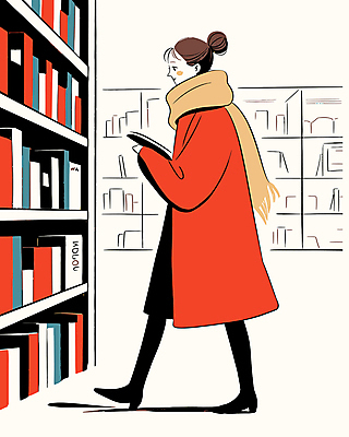 전신 여자 일러스트 책장 한명 들기 성인 옆모습 책 빨간색 독서 코트 도서관 서점 성인여자한명만 국내일러스트 AI파일 1 교육 뷰포인트 컬러 가구 모션 사람 상점 외투 여자한명만 성인여자만 파일형식 벡터