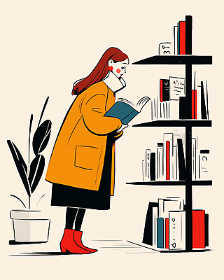 전신 식물 여자 일러스트 책장 한명 들기 성인 옆모습 책 독서 코트 도서관 서점 성인여자한명만 국내일러스트 AI파일 1 교육 뷰포인트 가구 모션 사람 상점 외투 여자한명만 성인여자만 파일형식 벡터