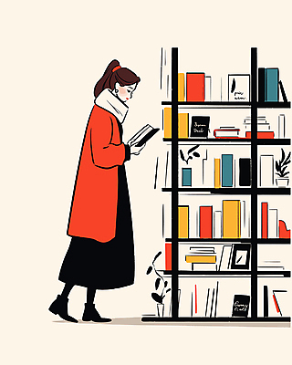 전신 여자 화분 일러스트 책장 한명 들기 성인 옆모습 책 빨간색 독서 코트 도서관 서점 성인여자한명만 국내일러스트 AI파일 1 교육 뷰포인트 컬러 가구 모션 사람 상점 외투 여자한명만 성인여자만 파일형식 벡터