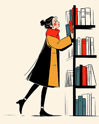 전신 여자 일러스트 책장 한명 들기 성인 옆모습 책 독서 코트 도서관 서점 성인여자한명만 국내일러스트 AI파일 1 교육 뷰포인트 가구 모션 사람 상점 외투 여자한명만 성인여자만 파일형식 벡터