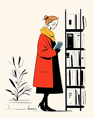 전신 식물 여자 화분 일러스트 책장 한명 들기 성인 옆모습 책 빨간색 독서 코트 도서관 서점 성인여자한명만 국내일러스트 AI파일 1 교육 뷰포인트 컬러 가구 모션 사람 상점 외투 여자한명만 성인여자만 파일형식 벡터