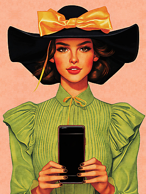 JPG 전신 모자 드레스 여자 리본 일러스트 한명 들기 성인 초록색 스마트폰 쇼핑 세일 가을 정기세일 성인여자한명만 블랙프라이데이 국내일러스트 AI일러스트 AI콘텐츠 1 잡화 옷 계절 컬러 모션 데이이벤트 사람 핸드폰 스마트기기 여자한명만 성인여자만 파일형식