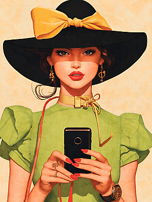 JPG 전신 모자 손 드레스 여자 리본 일러스트 한명 들기 성인 초록색 스마트폰 쇼핑 세일 가을 정기세일 성인여자한명만 블랙프라이데이 국내일러스트 AI일러스트 AI콘텐츠 1 잡화 옷 계절 컬러 모션 데이이벤트 사람 신체부위 핸드폰 스마트기기 여자한명만 성인여자만 파일형식