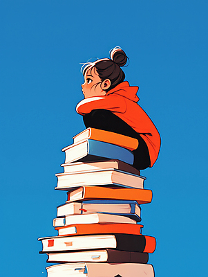 JPG 여자 여유 생각 일러스트 휴식 한명 성인 책 빨간색 파란색 독서 스니커즈 사색 웅크림 책더미 성인여자한명만 국내일러스트 AI일러스트 AI콘텐츠 1 감정 컬러 운동화 컨셉 모션 사람 무더기 여자한명만 성인여자만 파일형식