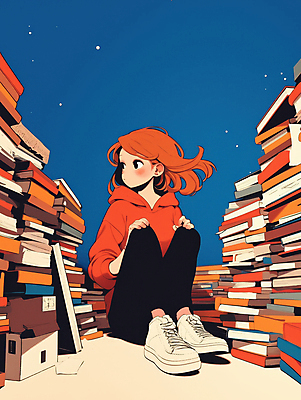 JPG 응시 여자 여유 생각 일러스트 한명 앉기 성인 책 빨간색 독서 사색 책더미 성인여자한명만 국내일러스트 AI일러스트 AI콘텐츠 1 시선 감정 컬러 모션 사람 무더기 여자한명만 성인여자만 파일형식