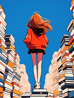 JPG 전신 응시 여자 여유 일러스트 한명 서기 성인 뒷모습 책 빨간색 파란색 독서 책더미 성인여자한명만 국내일러스트 AI일러스트 AI콘텐츠 1 시선 감정 뷰포인트 컬러 모션 사람 무더기 여자한명만 성인여자만 파일형식