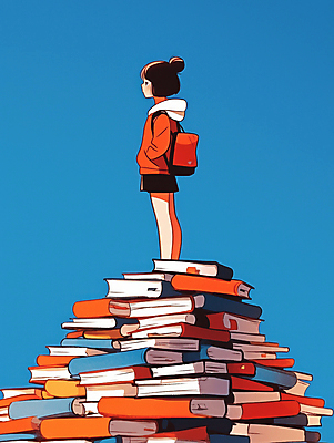 JPG 전신 응시 여자 일러스트 한명 서기 성인 옆모습 책 빨간색 파란색 독서 책더미 성인여자한명만 국내일러스트 AI일러스트 AI콘텐츠 1 시선 뷰포인트 컬러 모션 사람 무더기 여자한명만 성인여자만 파일형식