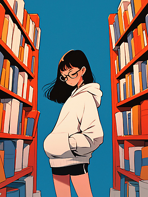 JPG 여자 일러스트 한명 서기 성인 책 빨간색 파란색 교양 주머니손 사색 책더미 성인여자한명만 안경낌 국내일러스트 AI일러스트 AI콘텐츠 1 안경 컬러 생각 모션 사람 무더기 여자한명만 성인여자만 파일형식