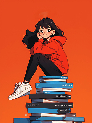 JPG 응시 여자 일러스트 휴식 한명 미소 앉기 성인 책 빨간색 파란색 턱괴기 교양 편안함 책더미 성인여자한명만 국내일러스트 AI일러스트 AI콘텐츠 1 시선 컬러 컨셉 모션 표정 사람 감각 무더기 여자한명만 성인여자만 파일형식