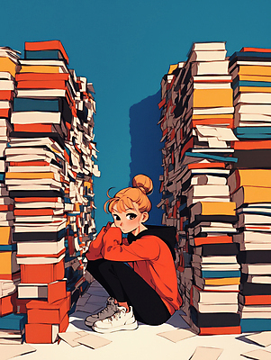 JPG 응시 여자 일러스트 한명 앉기 성인 책 빨간색 파란색 독서 웅크림 책더미 성인여자한명만 국내일러스트 AI일러스트 AI콘텐츠 1 시선 컬러 모션 사람 무더기 여자한명만 성인여자만 파일형식