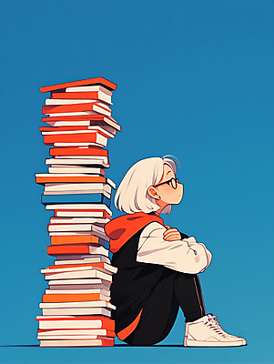 JPG 여자 생각 일러스트 휴식 한명 앉기 성인 책 파란색 독서 기댐 고요 올려보기 책더미 혼자 성인여자한명만 안경낌 국내일러스트 AI일러스트 AI콘텐츠 1 안경 컬러 컨셉 모션 사람 무더기 여자한명만 성인여자만 파일형식