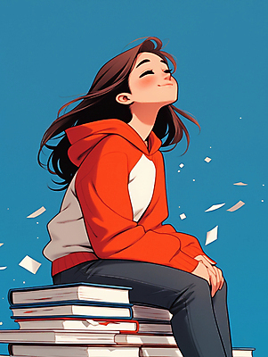 JPG 여자 생각 일러스트 휴식 한명 미소 앉기 성인 책 파란색 책더미 성인여자한명만 국내일러스트 AI일러스트 AI콘텐츠 1 컬러 컨셉 모션 표정 사람 무더기 여자한명만 성인여자만 파일형식