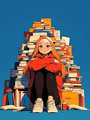 JPG 여자 일러스트 한명 앉기 성인 책 빨간색 파란색 독서 팔짱 사색 책더미 성인여자한명만 국내일러스트 AI일러스트 AI콘텐츠 1 컬러 생각 모션 사람 무더기 여자한명만 성인여자만 파일형식