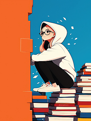 JPG 응시 여자 일러스트 책장 한명 성인 책 사색 웅크림 후드집업 책더미 혼자 성인여자한명만 안경낌 국내일러스트 AI일러스트 AI콘텐츠 1 시선 안경 가구 생각 모션 사람 겉옷 무더기 여자한명만 성인여자만 파일형식