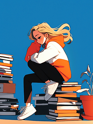 JPG 여자 일러스트 휴식 한명 앉기 성인 책 파란색 주황색 사색 책더미 성인여자한명만 국내일러스트 AI일러스트 AI콘텐츠 1 컬러 컨셉 생각 모션 사람 무더기 여자한명만 성인여자만 파일형식