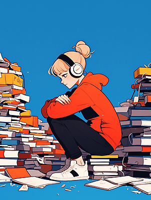 JPG 여자 일러스트 한명 성인 책 빨간색 파란색 독서 헤드셋 고요 탐험 웅크림 책더미 성인여자한명만 국내일러스트 AI일러스트 AI콘텐츠 1 컬러 음향기기 모션 사람 헤드폰 무더기 여자한명만 성인여자만 파일형식