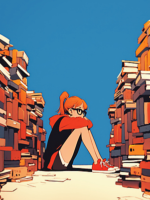 JPG 응시 여자 일러스트 한명 성인 책 빨간색 파란색 독서 고요 사색 웅크림 책더미 성인여자한명만 안경낌 국내일러스트 AI일러스트 AI콘텐츠 1 시선 안경 컬러 생각 모션 사람 무더기 여자한명만 성인여자만 파일형식