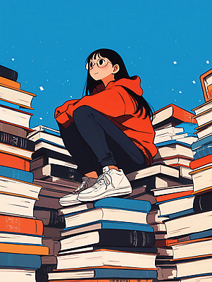 JPG 응시 여자 일러스트 휴식 한명 앉기 성인 책 파란색 고요 탐험 사색 웅크림 책더미 성인여자한명만 국내일러스트 AI일러스트 AI콘텐츠 1 시선 컬러 컨셉 생각 모션 사람 무더기 여자한명만 성인여자만 파일형식