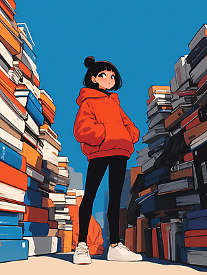 JPG 전신 응시 여자 일러스트 한명 서기 성인 책 빨간색 파란색 독서 주머니손 책더미 성인여자한명만 국내일러스트 AI일러스트 AI콘텐츠 1 시선 컬러 모션 사람 무더기 여자한명만 성인여자만 파일형식