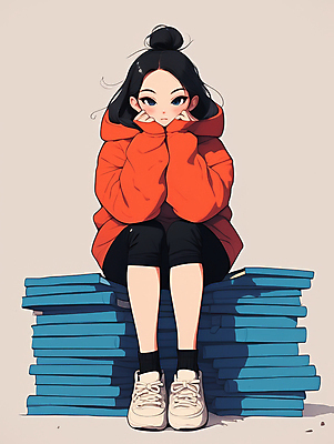 JPG 여자 일러스트 한명 앉기 성인 책 빨간색 파란색 턱괴기 사색 책더미 성인여자한명만 국내일러스트 AI일러스트 AI콘텐츠 1 컬러 생각 모션 사람 무더기 여자한명만 성인여자만 파일형식