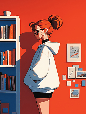 JPG 여자 액자 일러스트 책장 그림자 한명 성인 책 빨간색 고요 주머니손 책더미 성인여자한명만 안경낌 국내일러스트 AI일러스트 AI콘텐츠 1 안경 컬러 가구 모션 사람 무더기 여자한명만 성인여자만 파일형식