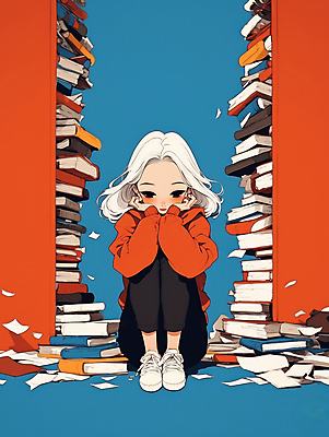 JPG 여자 일러스트 한명 성인 책 빨간색 파란색 턱괴기 고요 웅크림 책더미 성인여자한명만 국내일러스트 AI일러스트 AI콘텐츠 1 컬러 모션 사람 무더기 여자한명만 성인여자만 파일형식